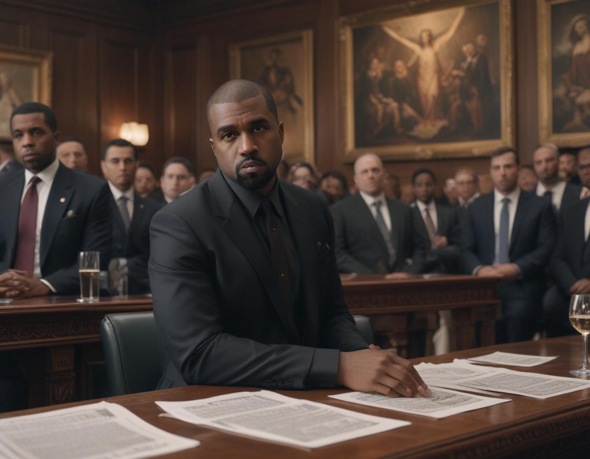 Kanye West in tailored suit in front of iconic political symbols