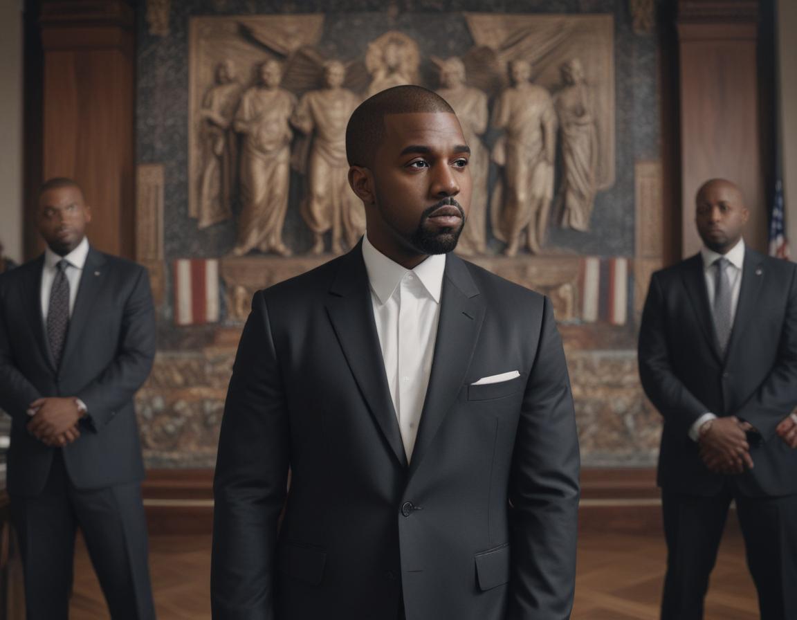 Kanye West standing confidently at a dramatic political podium