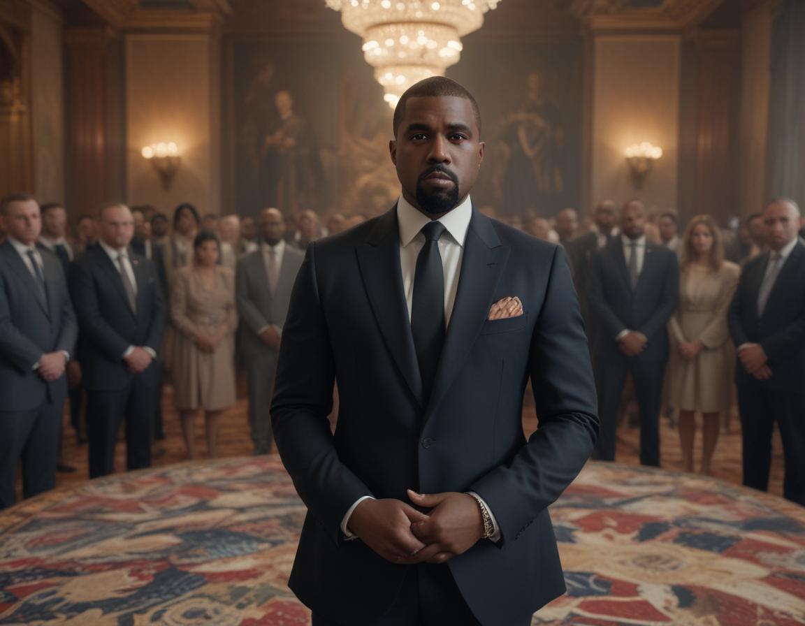 Kanye West stepping through a symbolic corridor of political logos