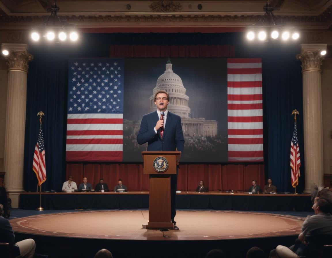 A comedian performing on stage with subtle political symbols in the background