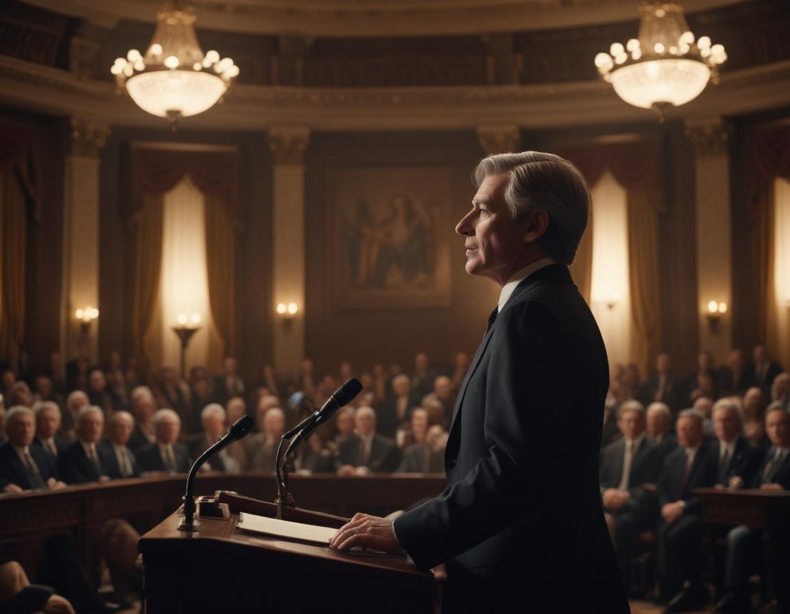 A senator’s fiery speech captivating audiences in a historic chamber.