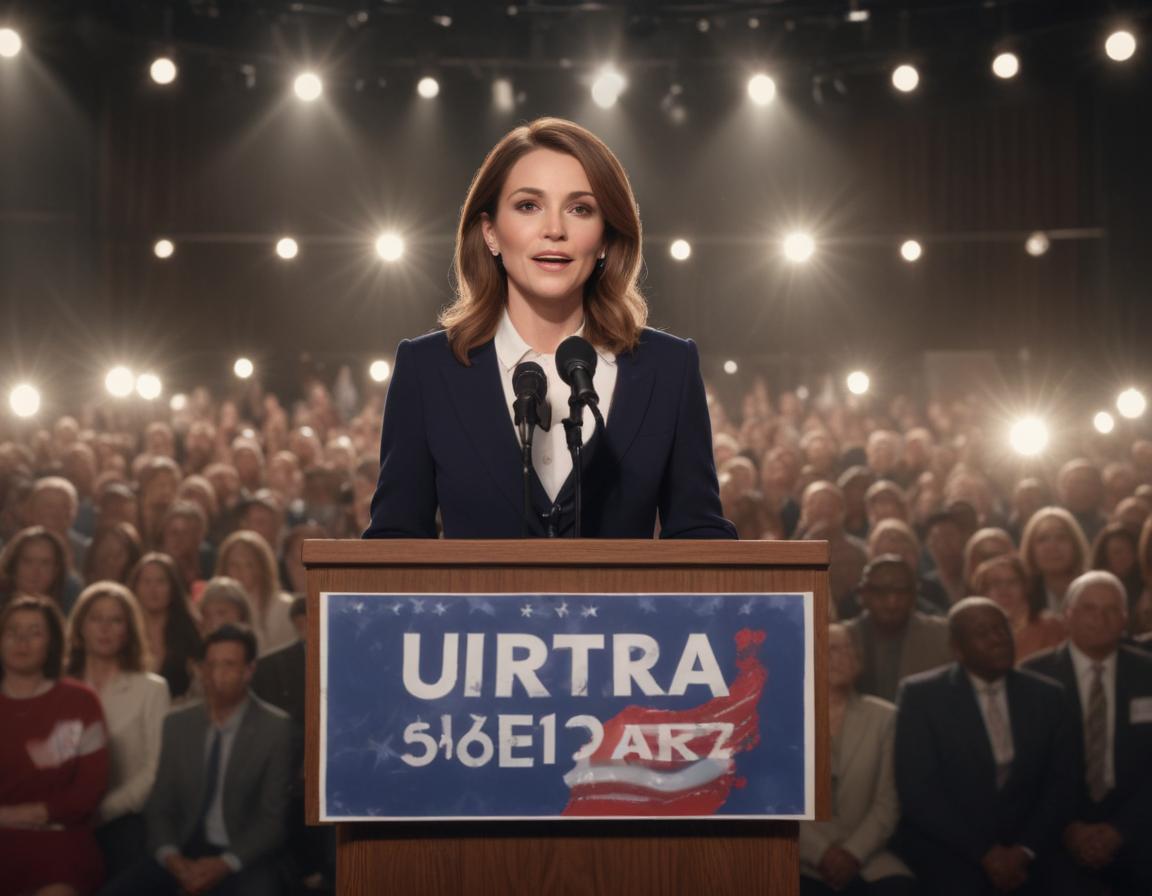 A celebrity giving a political speech on stage with campaign signs in the audience