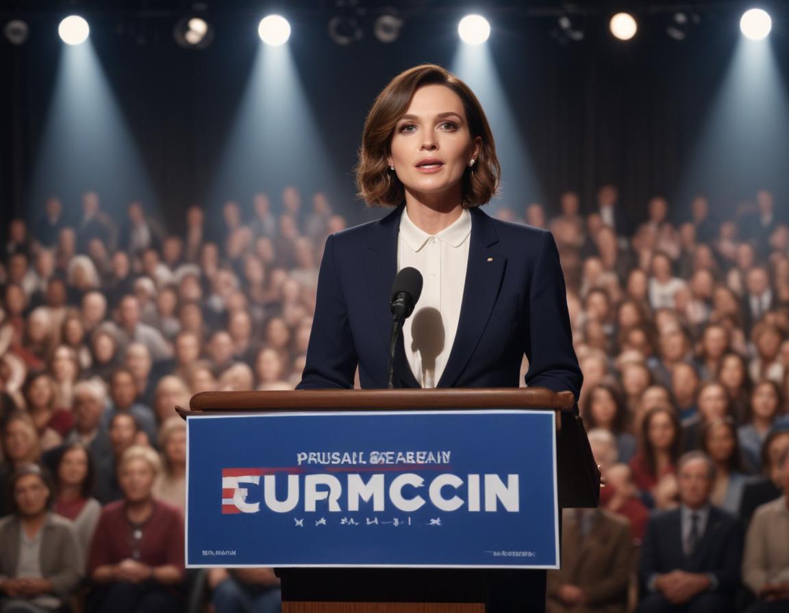 A late-night TV host presenting political satire with political icons in the background