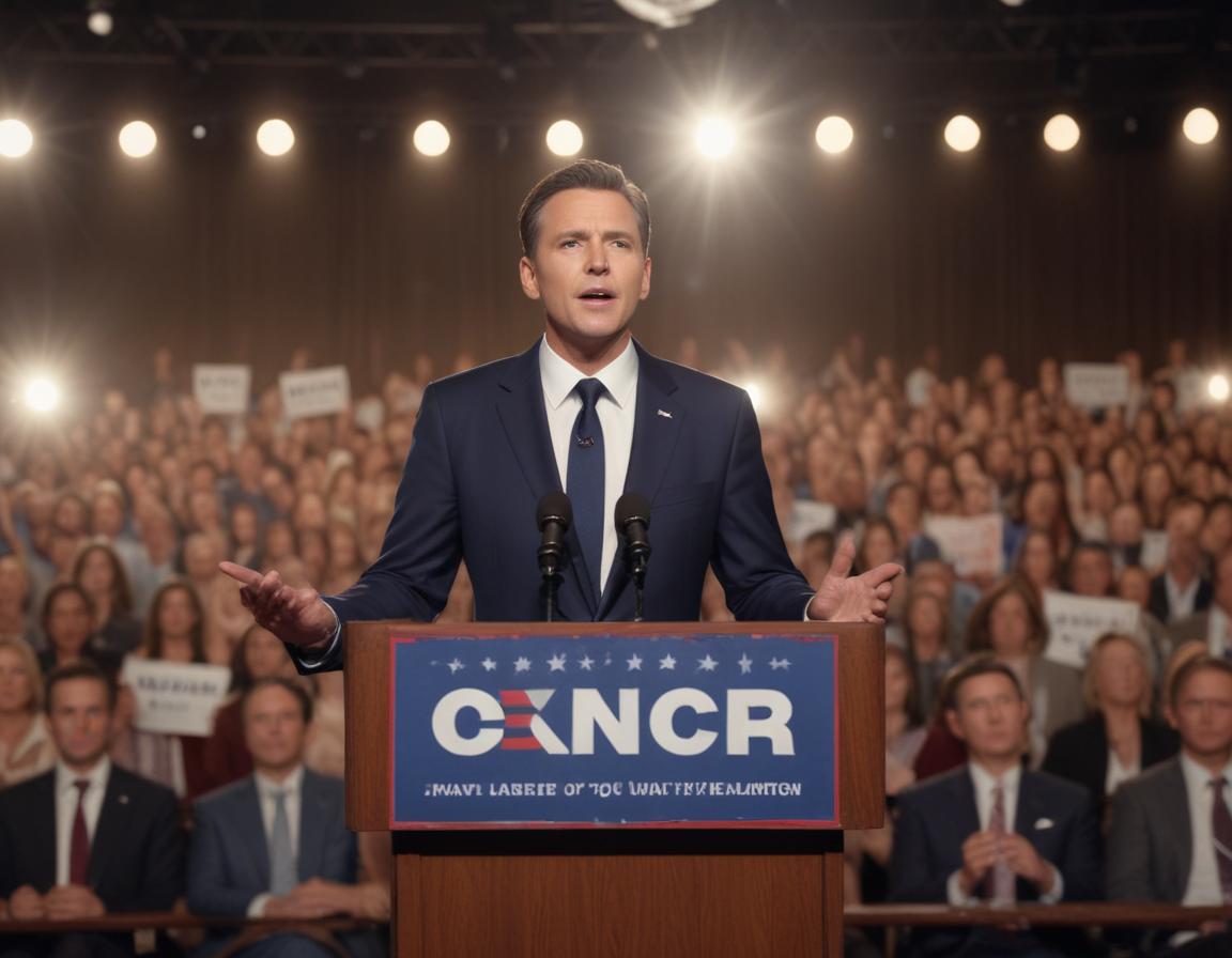 A movie director on set with a slate reading 'Politics in Entertainment'