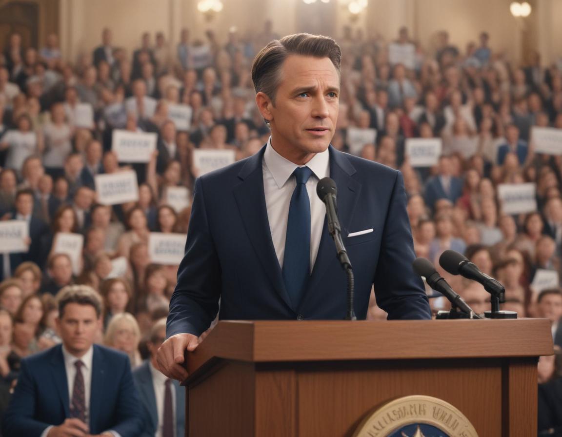 A famous Hollywood actor delivering a speech at a political campaign surrounded by supporters holding signs.
