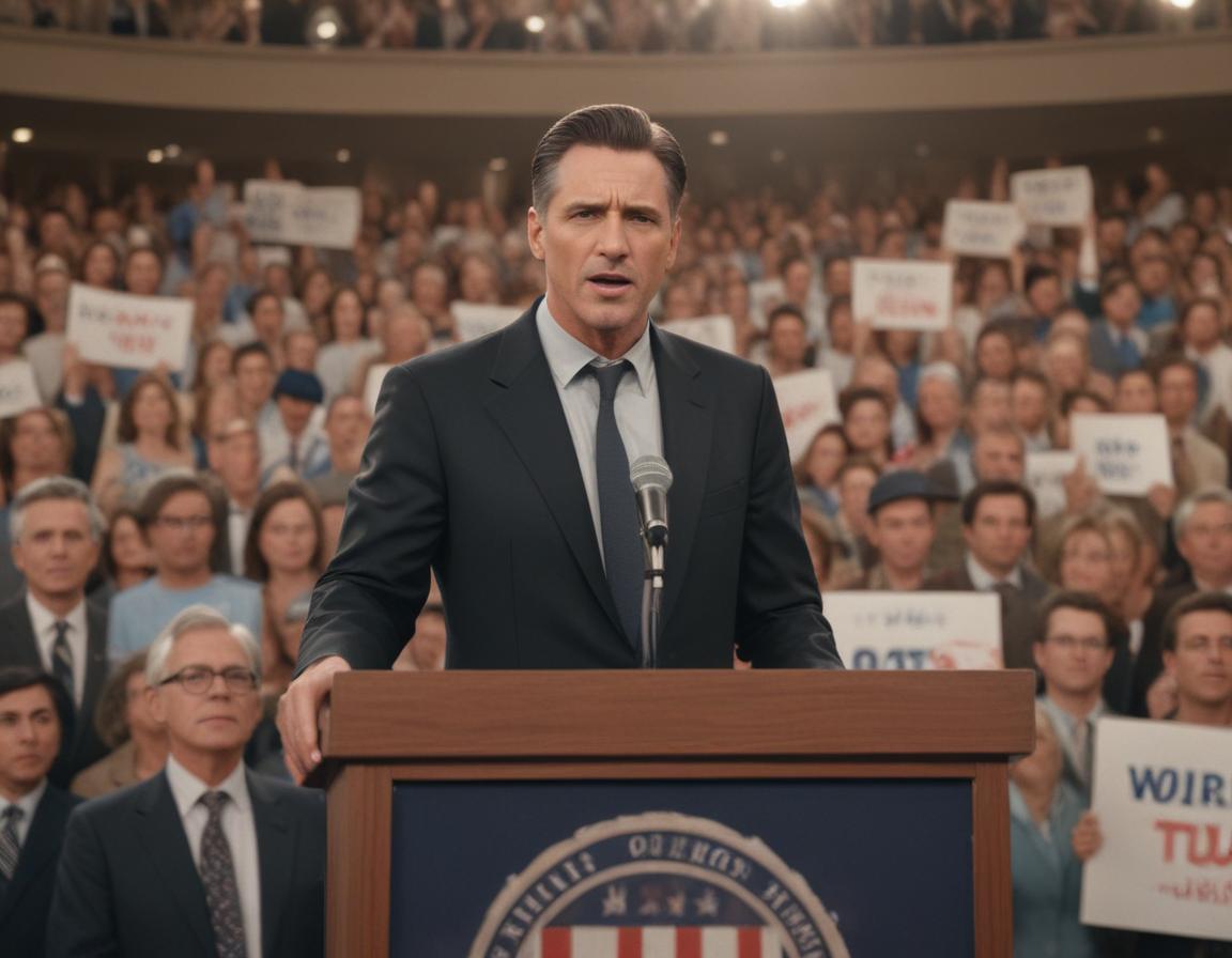 A comedian performing a political satire monologue on a lively late-night show set with a captivated audience.