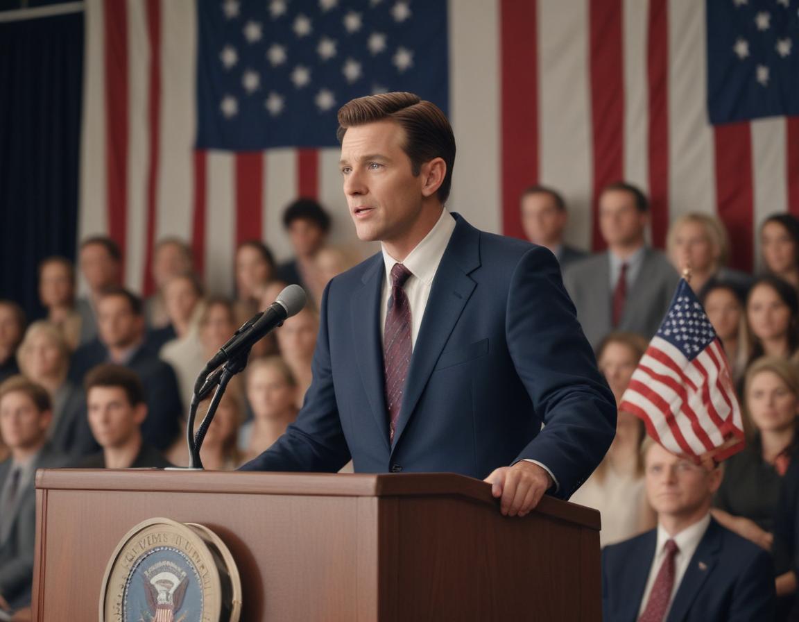 An actor giving a campaign speech at a podium with American flags in the background
