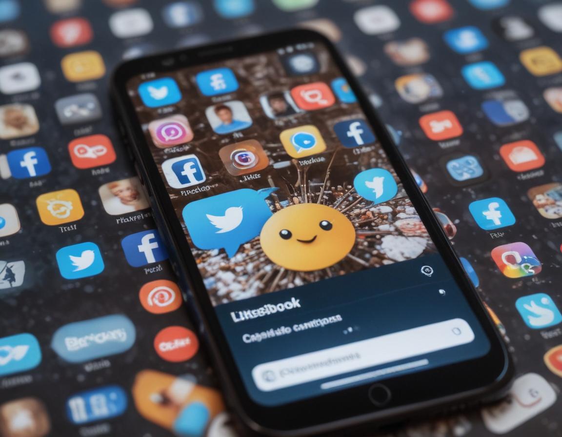 A close-up of a smartphone displaying a politician's tweet with likes, retweets, and comments, surrounded by app icons for popular social platforms