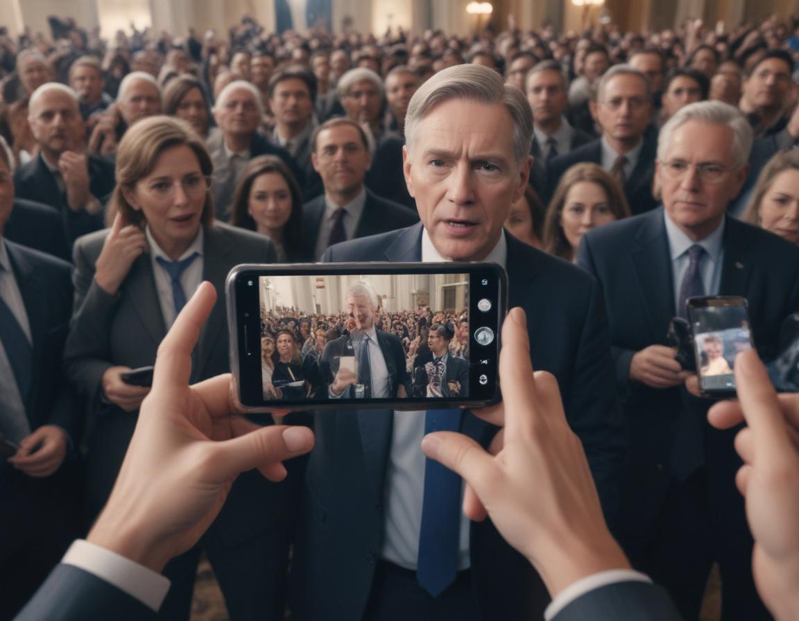 A U.S. senator giving a public message streamed live on social media, surrounded by supporters holding smartphones.