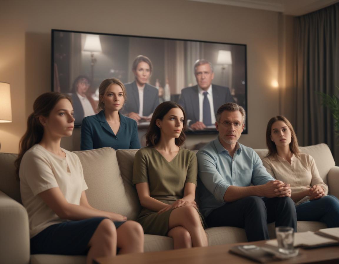 A family watching the news on TV featuring a political debate to symbolize mainstream media's influence.