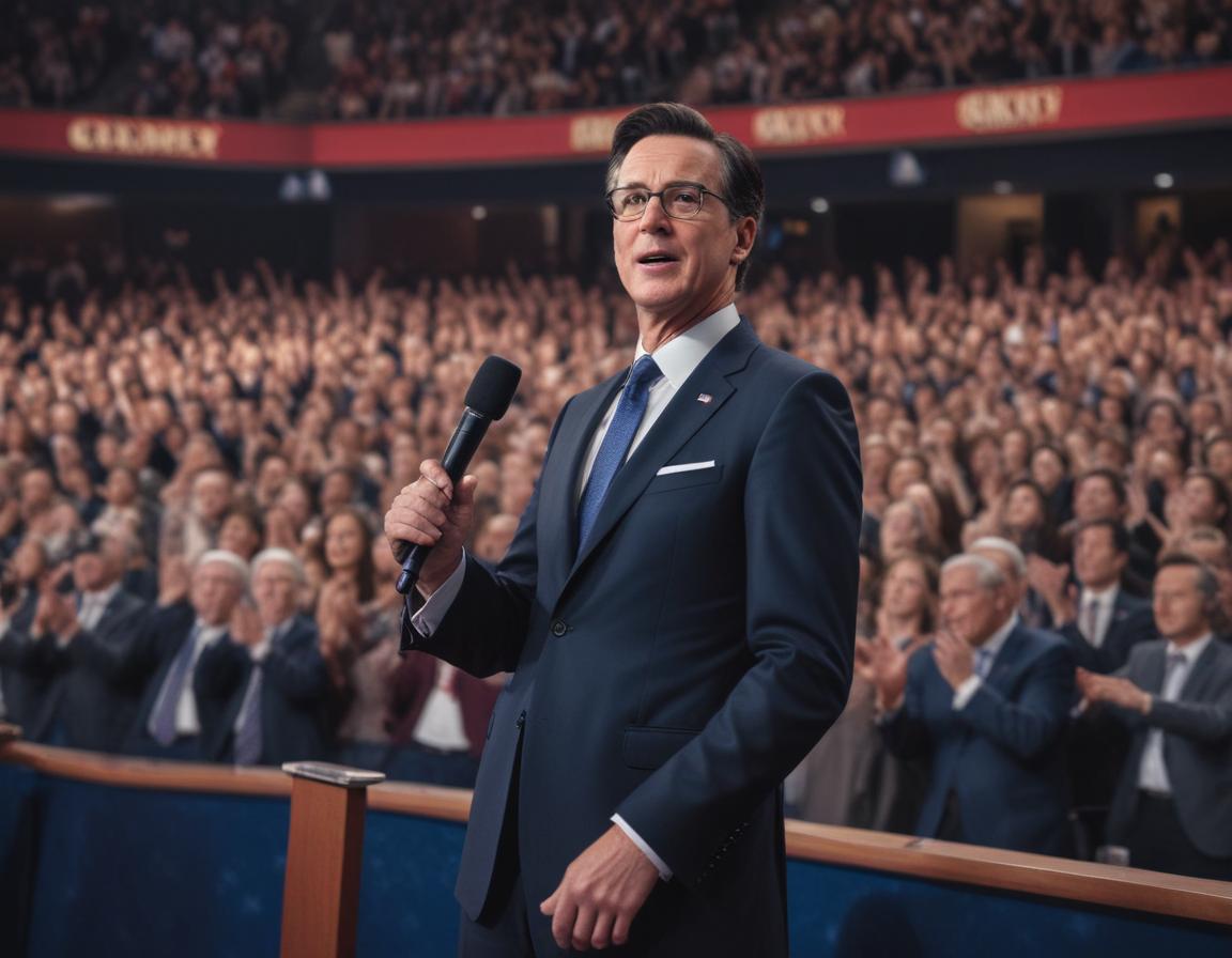 Popular late-night hosts on stage with political satire backdrop