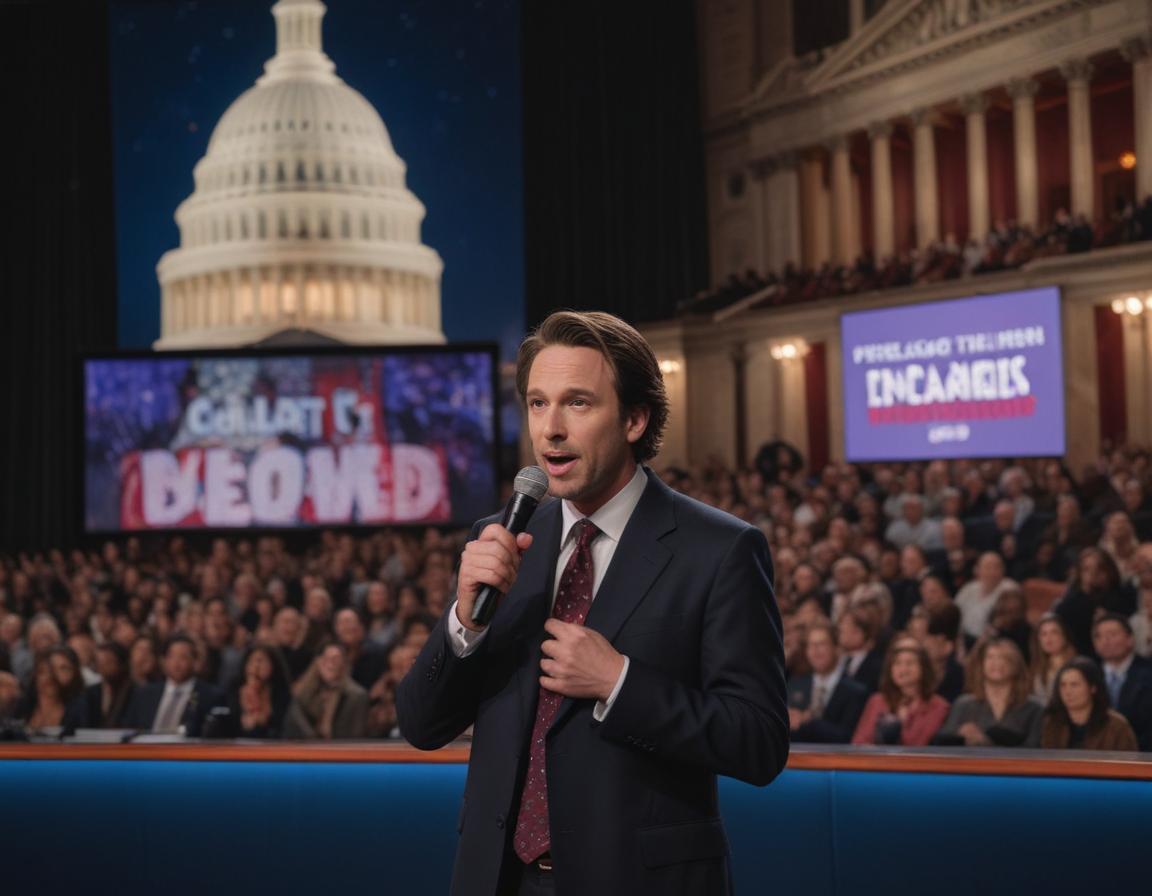 Comedian performing on a late-night talk show stage with subtle political imagery in the background