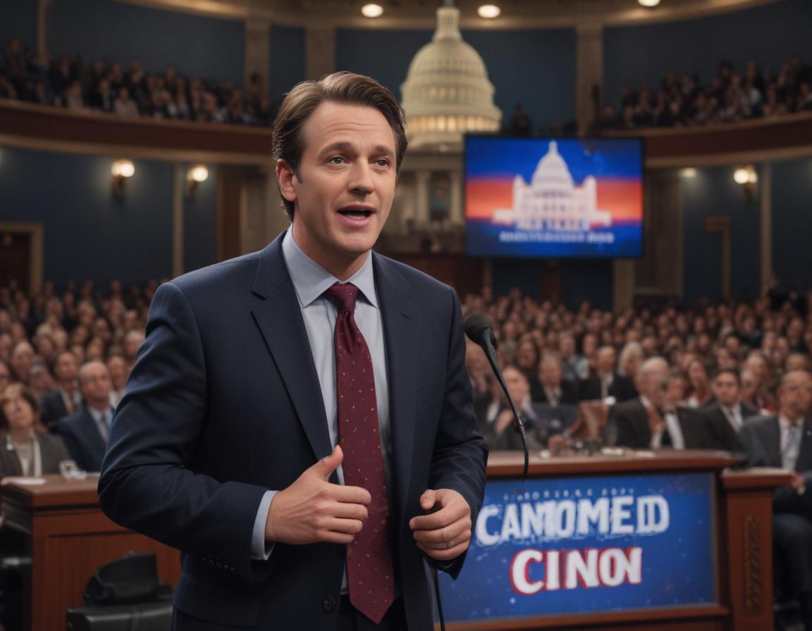 Voting booth juxtaposed with Hollywood stars and a political rally