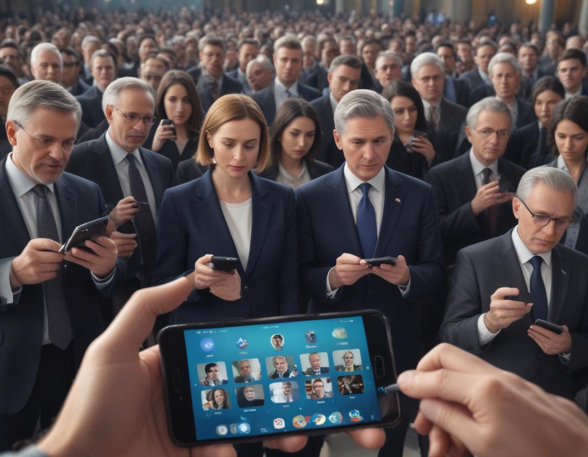 Futuristic visualization of social media, entertainment, and politics merging digitally