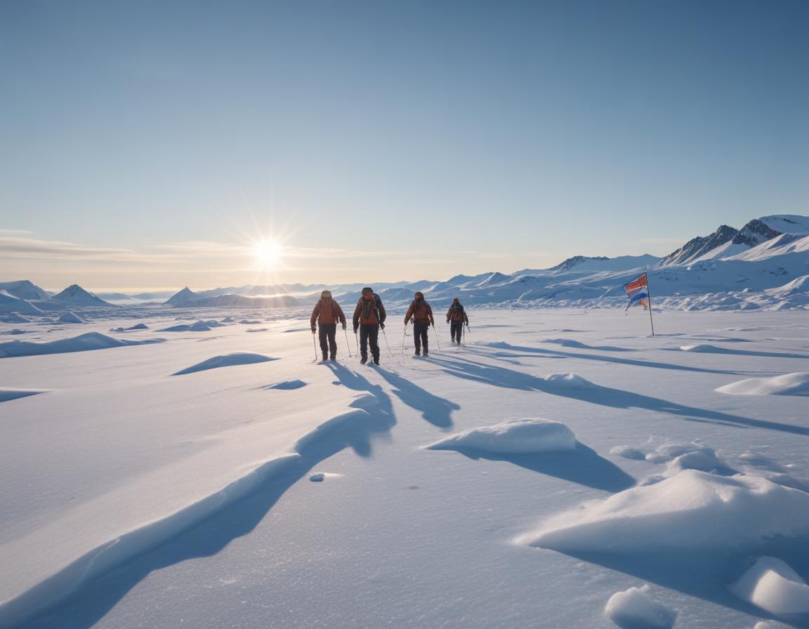 Adventurers trekking across a frozen Arctic landscape