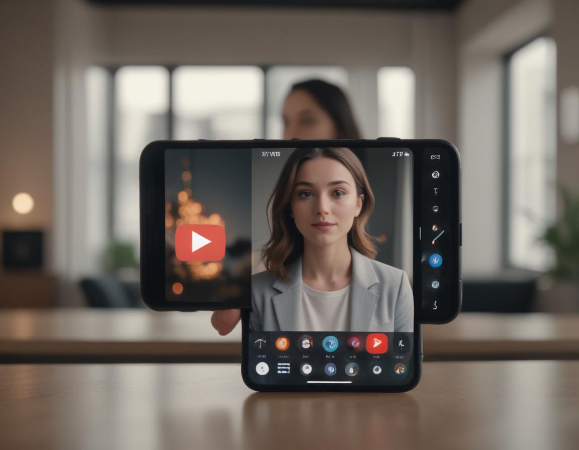 A smartphone screen showing a paused YouTube video of a celebrity giving a talk in a minimalist setup.